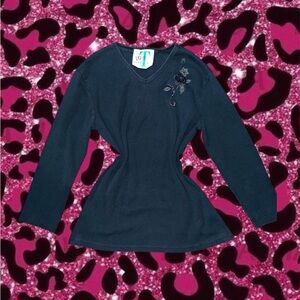 Black Long Sleeve V-Neck Top with Beaded Floral Accent